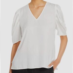 DKNY Womens Ivory V-Neck Puff 3/4 Sleeve Satin Blouse Top Size Medium
